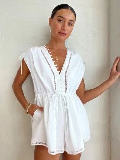 Coco & Lola Sales 11 Joslin Mary Lin Linen Ramie Playsuit In Optical White