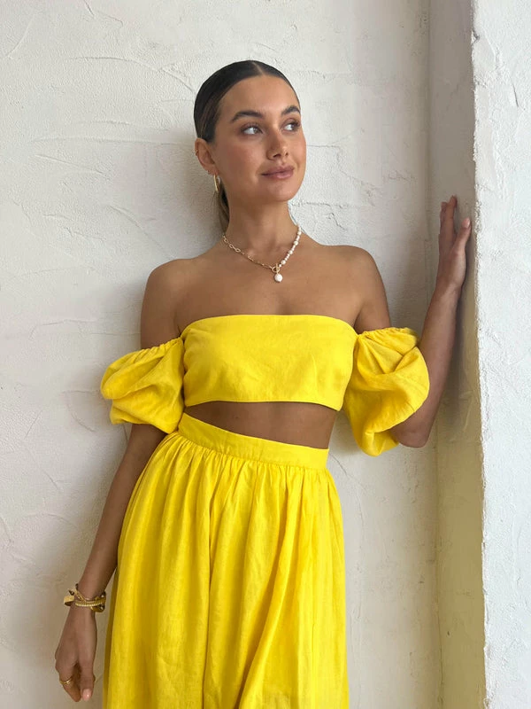 Rumer Delphine Linen Crop In Yellow 3 Rumer Delphine Linen Crop In Yellow